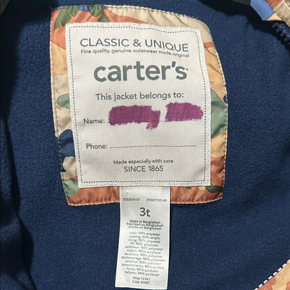 Carter’s Kids' Camo Hooded Fleece Lined Jacket with Dinosaur Print